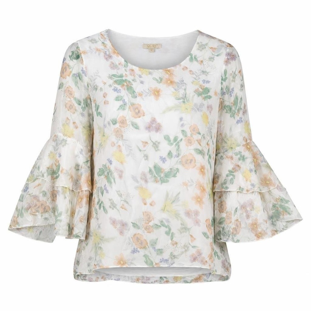 GIUSY Blouse Womens L White 100% Silk Boho Romantic Italy Watercolor Cottage